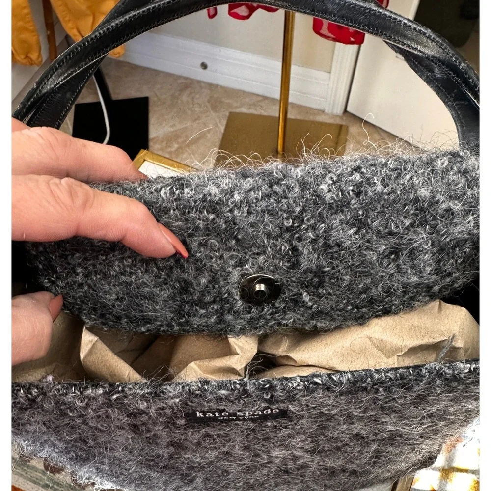 Kate Spade VTGE NewYork Textured Tote Bag Gray black Leather Straps Snap Closure